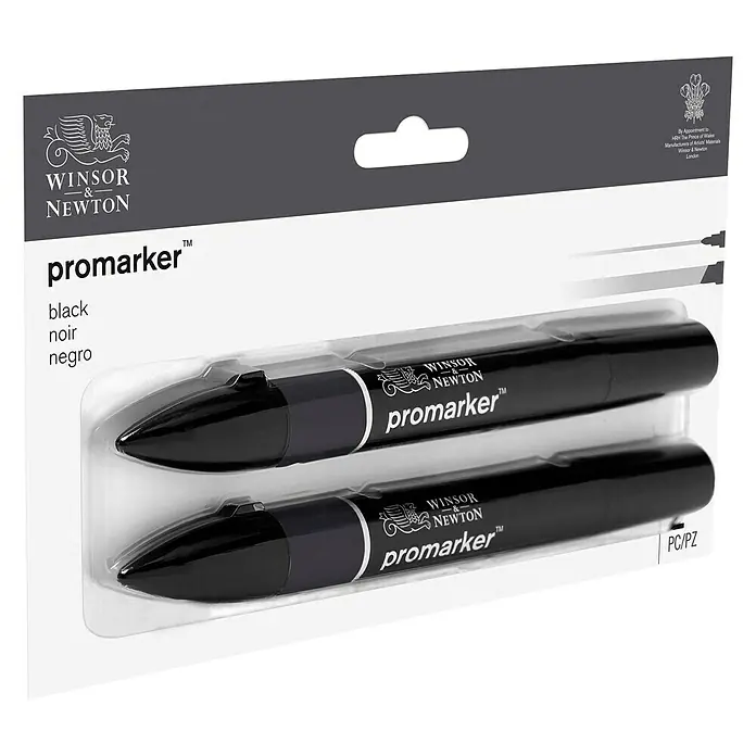 Winsor & Newton Promarker-Set - Schwarz, 2 Stk., 2 Spitzen - Diagonale Ansicht