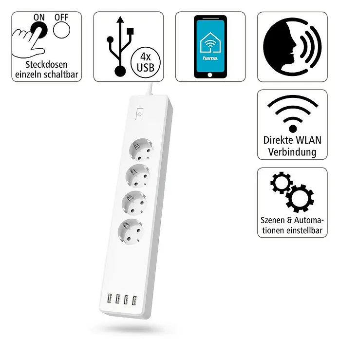 Hama Smart-Steckdosenleiste - Innen, 4-fach, Weiß, 2.300 W, 4 x USB - Informationsansicht