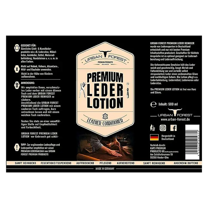Urban Forest Premium Pflegemittel Lederlotion - 500 ml, Flasche - Draufsicht