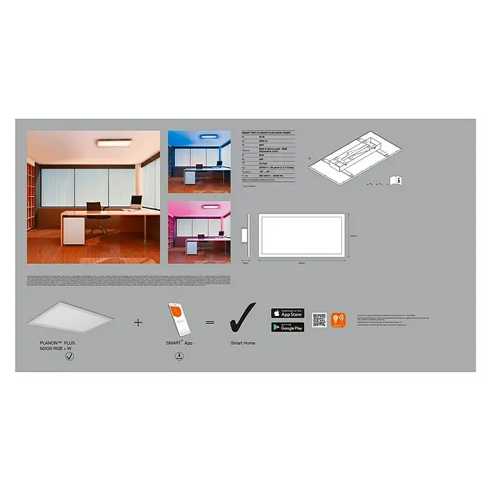 Ledvance Smart+ WiFi LED-Panel Planon Plus RGBW 60x30 - L x B x H: 595 x 300 x 56 mm, Weiß, RGBW - Rückansicht