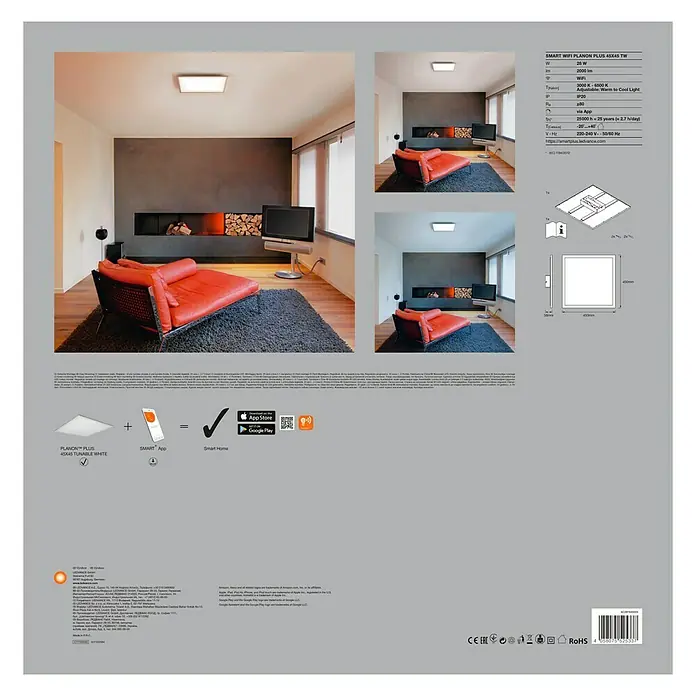 Ledvance Smart+ WiFi LED-Panel Planon Plus TW 45x45 - L x B x H: 450 x 450 x 56 mm, Weiß - Rückansicht