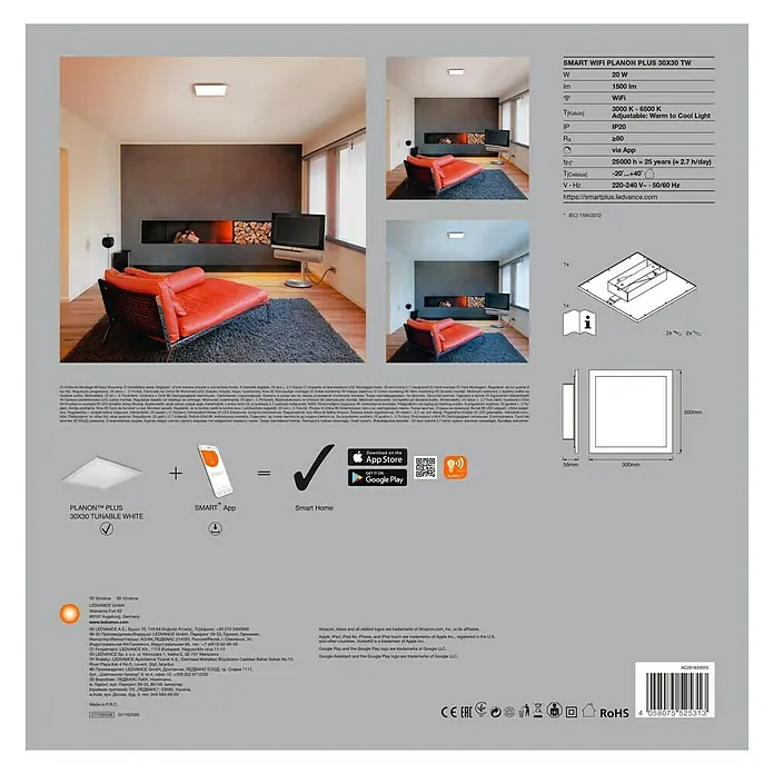 Ledvance Smart+ WiFi LED-Panel Planon Plus TW 30x30 - L x B x H: 300 x 300 x 56 mm, Weiß, Warmweiß - Rückansicht