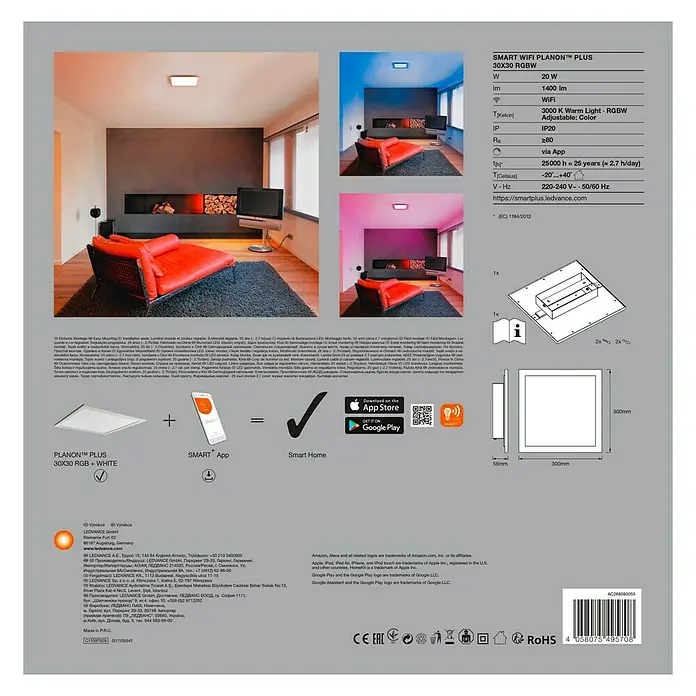 Ledvance Smart+ LED-Panel Planon Plus RGBW 30x30 - L x B x H: 30 x 30 x 5,6 cm, Weiß, RGBW - Rückansicht