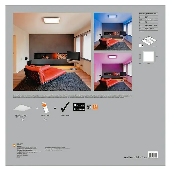 Ledvance Smart+ WiFi LED-Panel Planon Plus RGBW 60x60 - L x B x H: 595 x 595 x 56 mm, Weiß, Warmweiß - Rückansicht