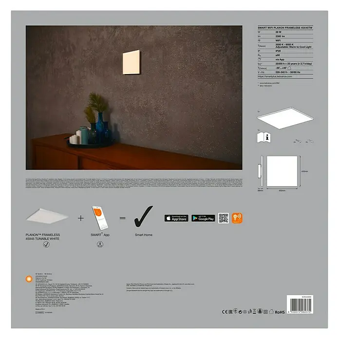 Ledvance Smart+ WiFi LED-Panel Framelesspanel CCT 40x40 - 28 W, L x B x H: 450 x 450 x 69 mm, Weiß - Vorderansicht