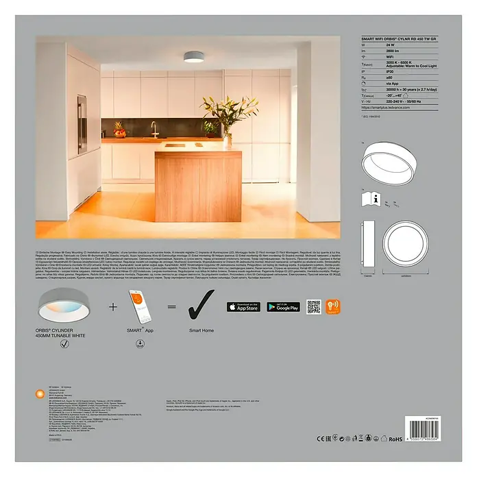 Ledvance Smart+ WiFi LED-Deckenleuchte rund Cylinder CCT - 24 W, Ø x H: 450 x 134 mm - Vorderansicht