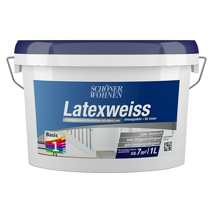 SCHÖNER WOHNEN-Farbe Latexfarbe Latexweiß Basis 1 - Basismischfarbe, 1 l, Seidenglänzend - Vorderansicht