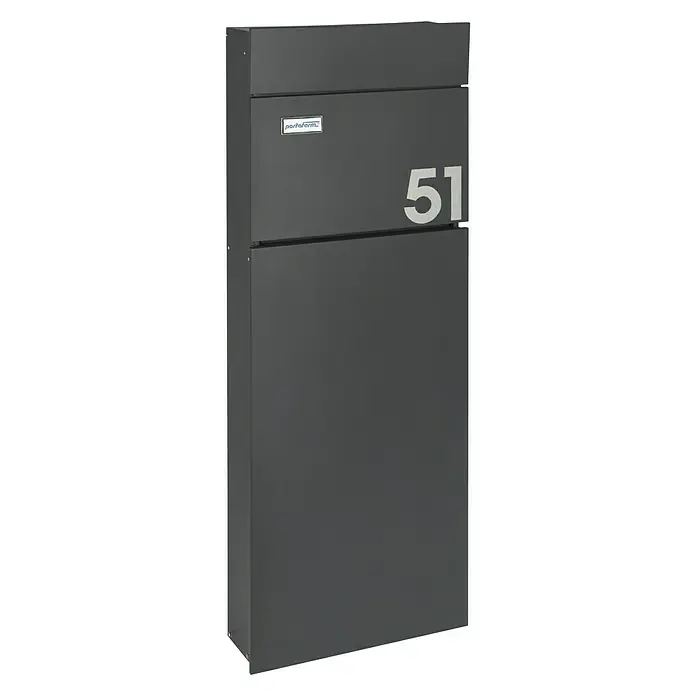 Standbriefkasten Maximus - L x B x H: 14 x 39,5 x 115 cm, Stahl, RAL 7016 - Diagonale Ansicht