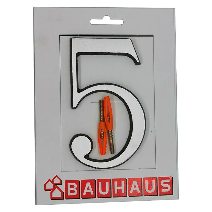 Kućni broj 5 - Visina: 115 mm, Srebrne boje, Aluminij - Pogled sprijeda