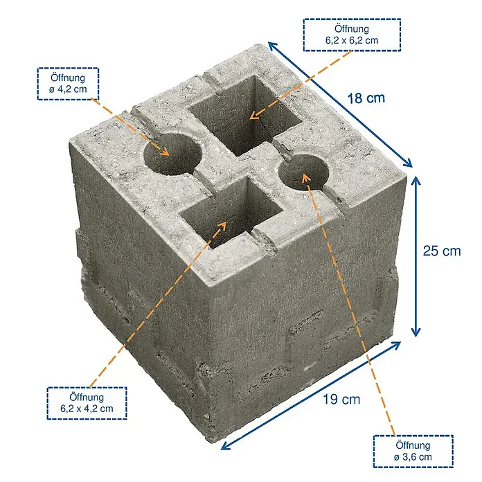 Zaun-Fundamentstein 4in1 - Grau, 19 x 19 x 25 cm, Beton - Skizze