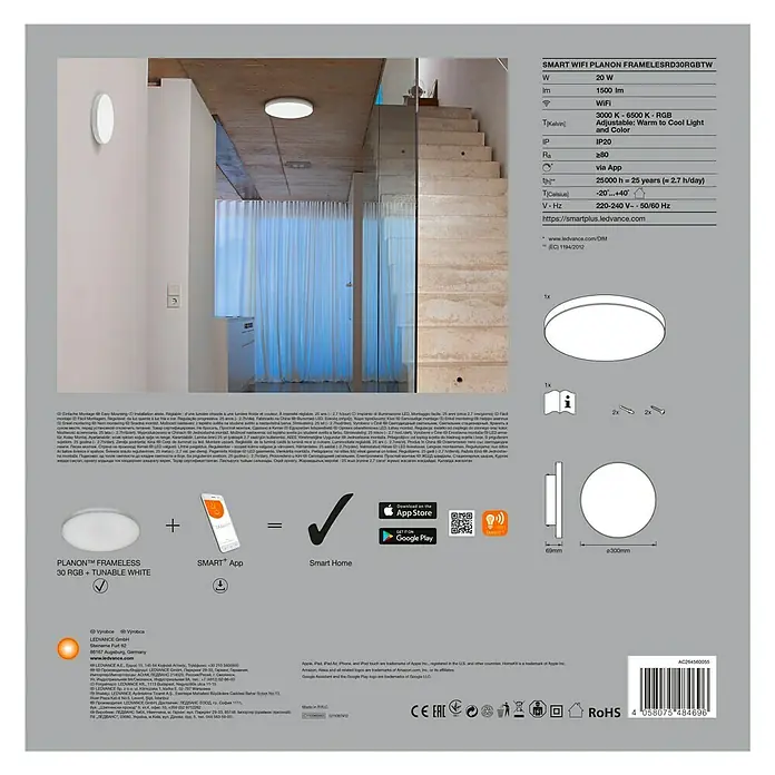 Ledvance Smart+ WiFi LED-Panel rund Framelesspanel RD CCT RGB 30cm - Ø x H: 30 cm x 69 mm, Weiß, RGB - Verpackung