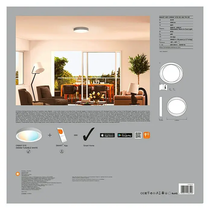 Ledvance Smart+ WiFi LED-Deckenleuchte rund Ceiling Eye CCT - 32 W, Ø x H: 490 x 75,5 mm, Grau - Verpackung