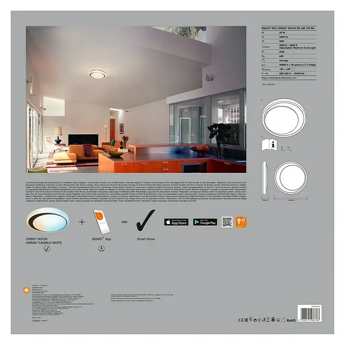 Ledvance Smart+ WiFi LED-Deckenleuchte rund Ceiling Moon CCT 48cm - 32 W, Ø x H: 480 x 86 mm, Weiß/Schwarz - Verpackung