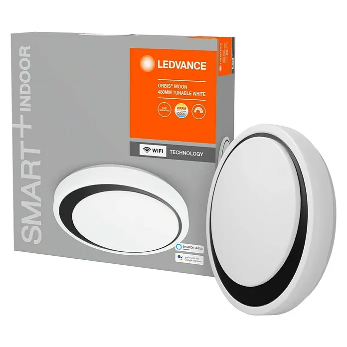 Ledvance Smart+ WiFi LED-Deckenleuchte rund Ceiling Moon CCT 48cm - 32 W, Ø x H: 480 x 86 mm, Weiß/Schwarz - Diagonale Ansicht