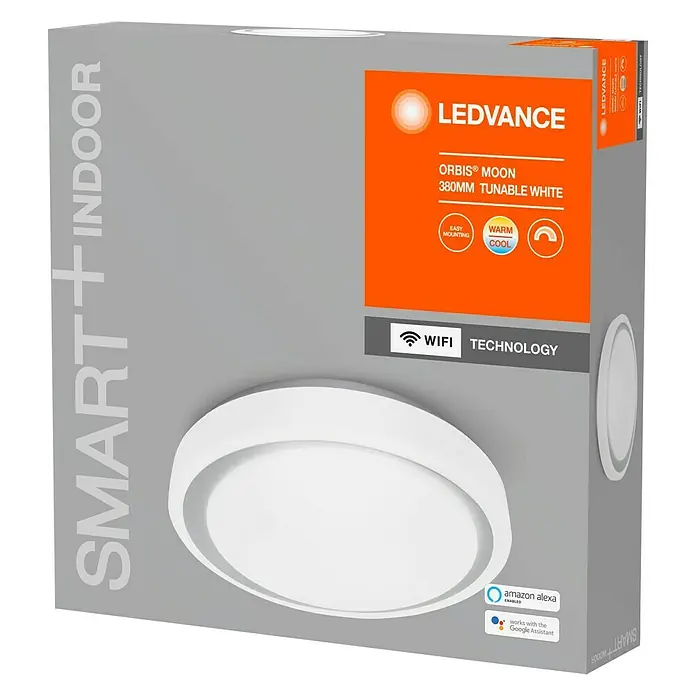 Ledvance Smart+ WiFi LED-Deckenleuchte rund Ceiling Moon - 24 W, Ø x H: 380 x 85 mm, Weiß/Silber, Warmweiß - Diagonale Ansicht