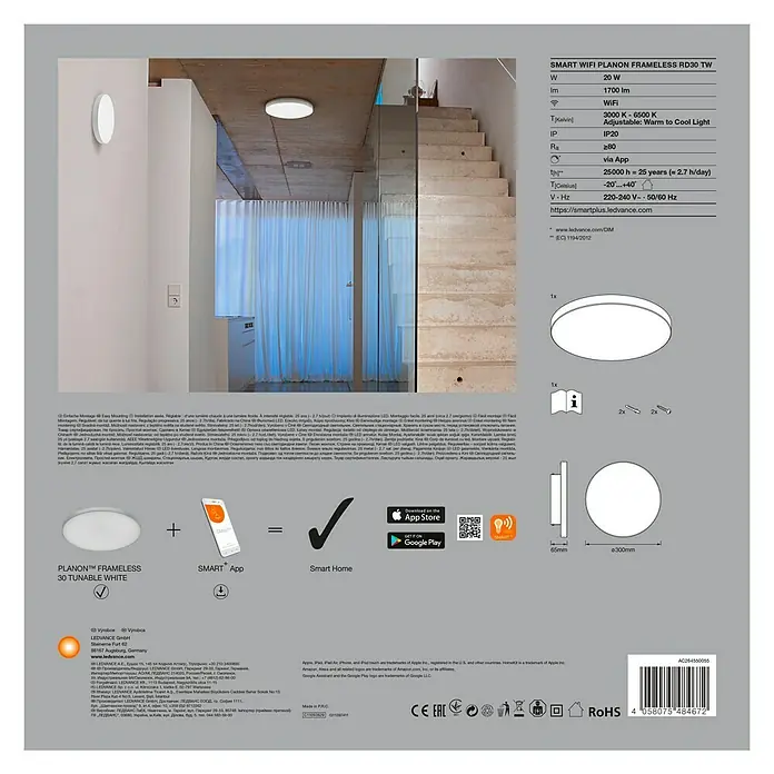 Ledvance Smart+ WiFi LED-Panel Framelesspanel RD CCT 30cm - 2 W, Weiß - Verpackung