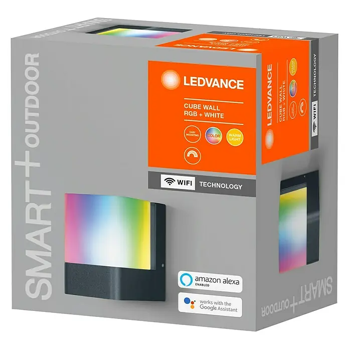 Ledvance Smart+ LED-Außenwandleuchte Wall Postcube Up RGBW GR - 110 x 80 x 116 mm, IP44 - Diagonale Ansicht