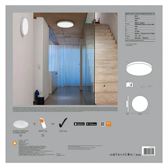 Ledvance Smart+ WiFi LED-Panel rund Framelesspanel RD CCT 40 - 28 W, Ø x H: 450 x 65 mm, Weiß - Verpackung