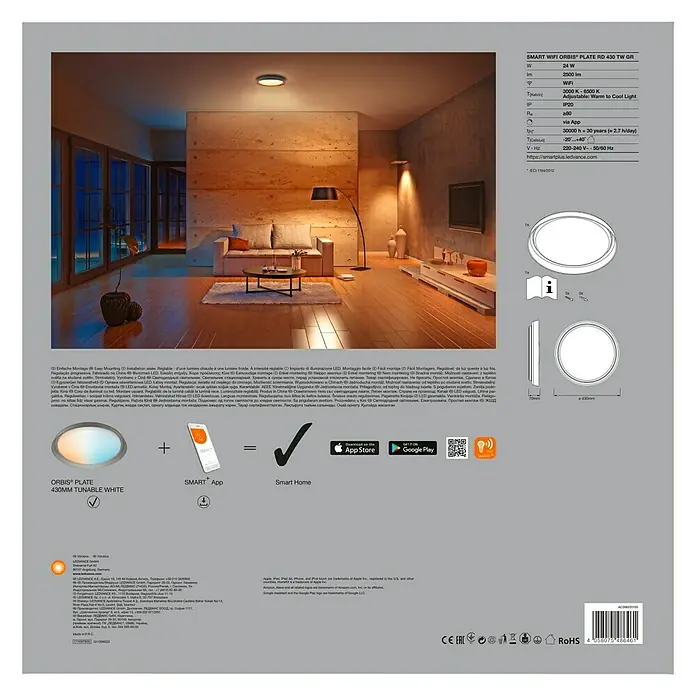 Ledvance Smart+ WiFi LED-Deckenleuchte rund Ceiling Plate CCT - 26 W, Ø x H: 430 x 70 mm, Grau - Verpackung