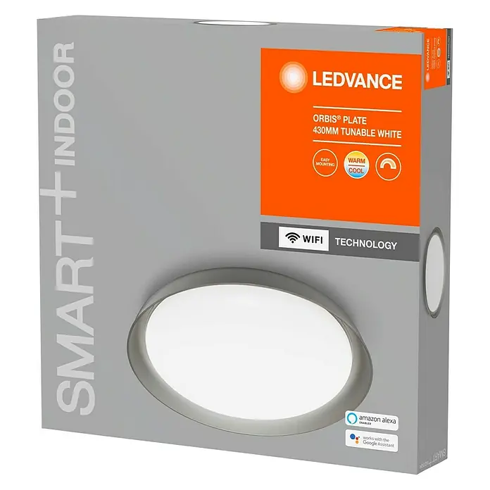 Ledvance Smart+ WiFi LED-Deckenleuchte rund Ceiling Plate CCT - 26 W, Ø x H: 430 x 70 mm, Grau - Diagonale Ansicht