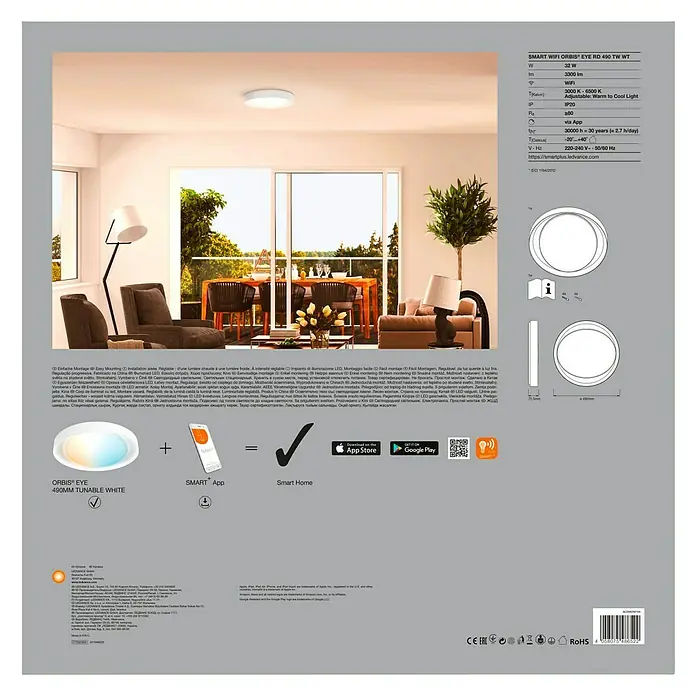 Ledvance Smart+ WiFi LED-Deckenleuchte rund Ceiling Eye CCT - 32 W, Ø x H: 490 x 75,5 mm, Weiß - Verpackung