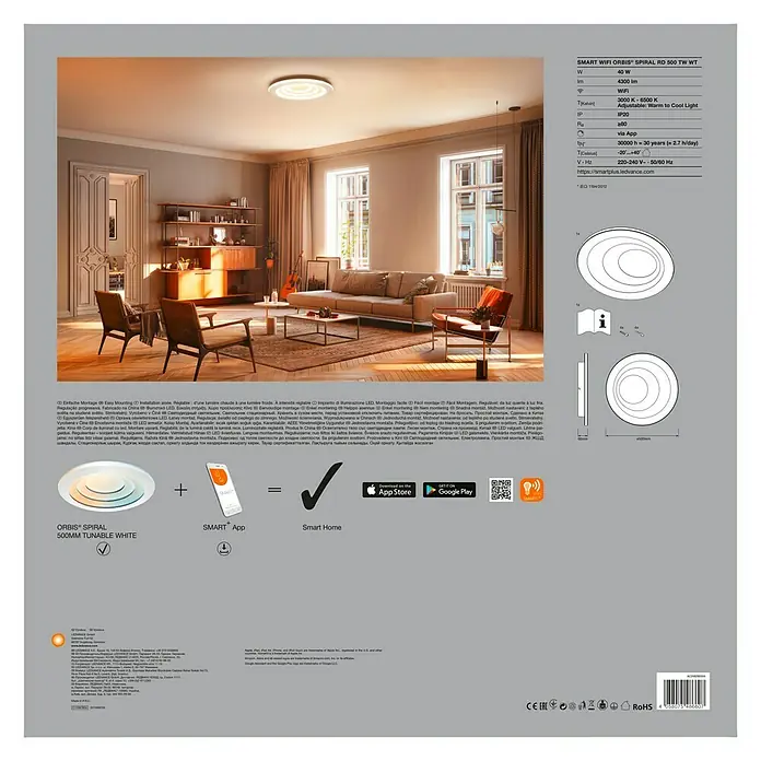 Ledvance Smart+ WiFi LED-Deckenleuchte rund Ceiling Spiral CCT - Ø x H: 500 x 66 mm - Verpackung