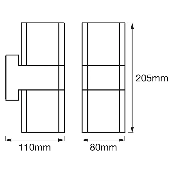 Ledvance Smart+ LED-Außenwandleuchte Wall CubeUpDown RGBW GR - 110 x 80 x 205 mm, IP44 - Skizze