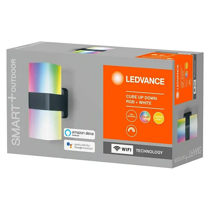 Ledvance Smart+ LED-Außenwandleuchte Wall CubeUpDown RGBW GR - 110 x 80 x 205 mm, IP44 - Vorderansicht