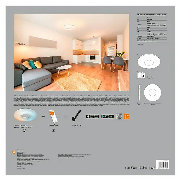 Ledvance Smart+ WiFi LED-Deckenleuchte rund Ceiling Cromo CCT - 30 W, Ø x H: 500 x 89 mm, Weiß - Verpackung