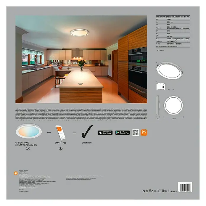 Ledvance Smart+ WiFi LED-Deckenleuchte rund Ceiling Frame CCT - Ø x H: 495 x 83 mm, Weiß - Verpackung