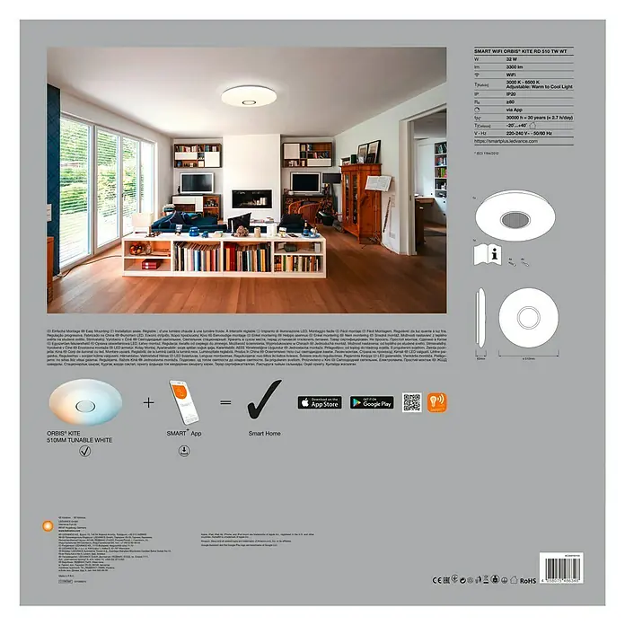 Ledvance Smart+ WiFi LED-Deckenleuchte rund Ceiling Kiteplate CCT - 32 W, Ø x H: 510 x 83 mm, Weiß - Verpackung