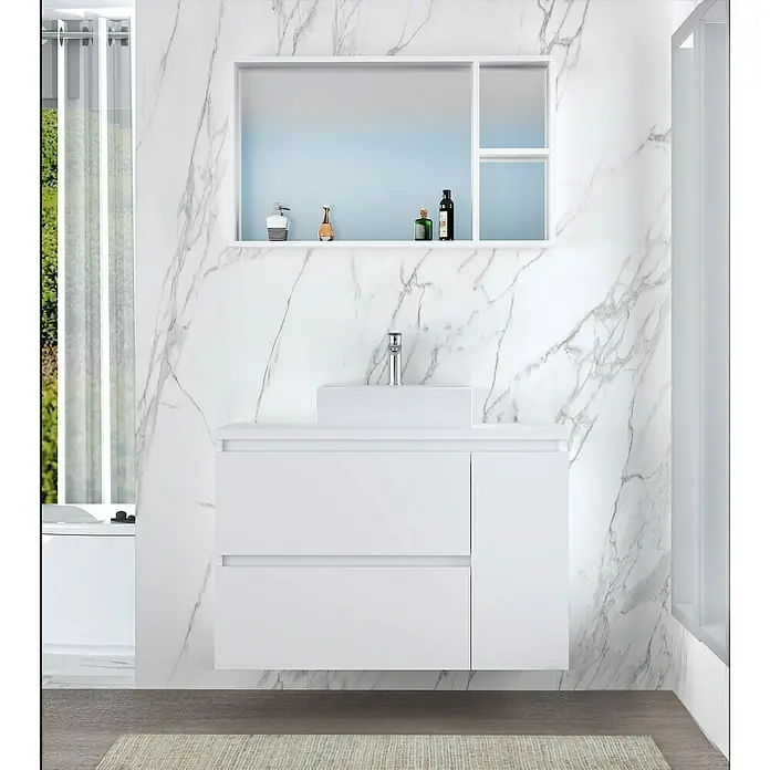 Mueble de lavabo Farbe - 46 x 90 x 66 cm, Blanco seda, Mate - Foto ambiente