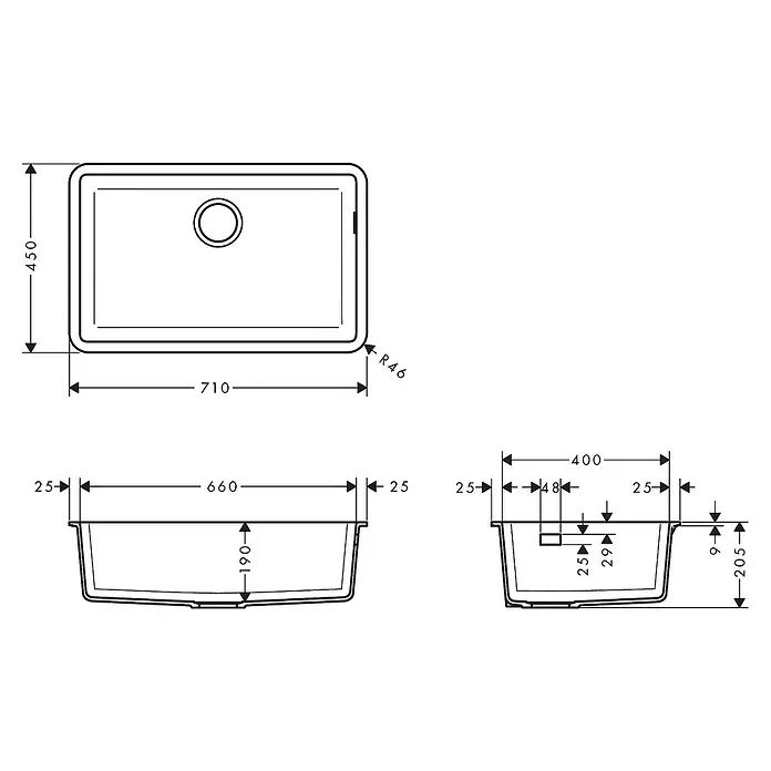 Hansgrohe Fregadero encastrable S510 - U660 1S - 45 x 71 cm, SilicaTec, Grafito - Dibujo técnico