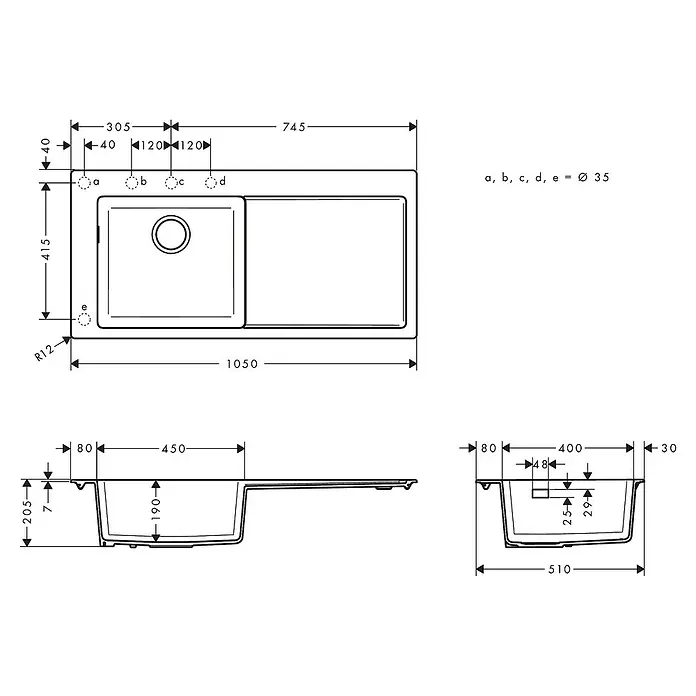 Hansgrohe Fregadero encastrable S5110 - F450 1S 1E - 51 x 105 cm, SilicaTec, Cemento - Dibujo técnico