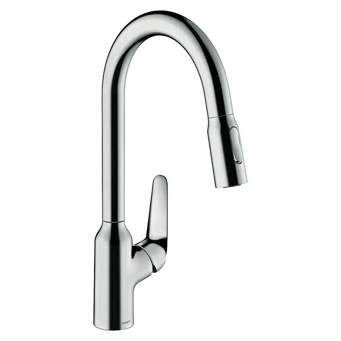 Hansgrohe Grifo de cocina Focus M42 - Cromo, Brillante, Grifo extraíble - Vista angular