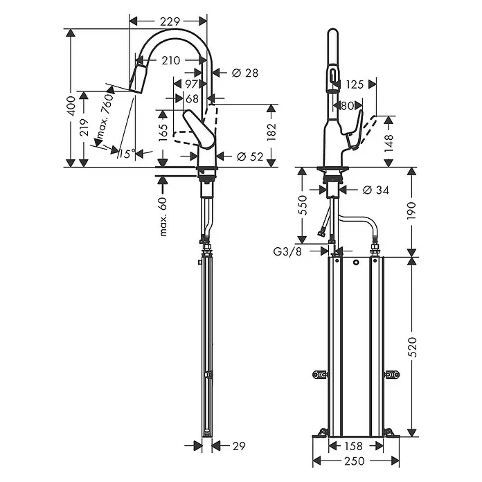Hansgrohe Grifo de cocina Focus M42 - Cromo, Brillante, Grifo extraíble - Dibujo técnico