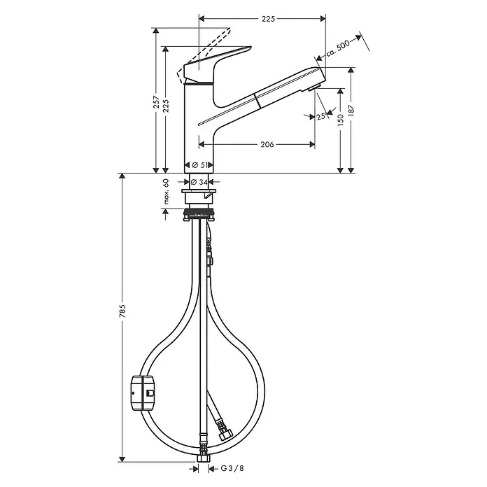 Hansgrohe Grifo de cocina Focus M43 - Cromo, Brillante, Caño giratorio - Dibujo técnico