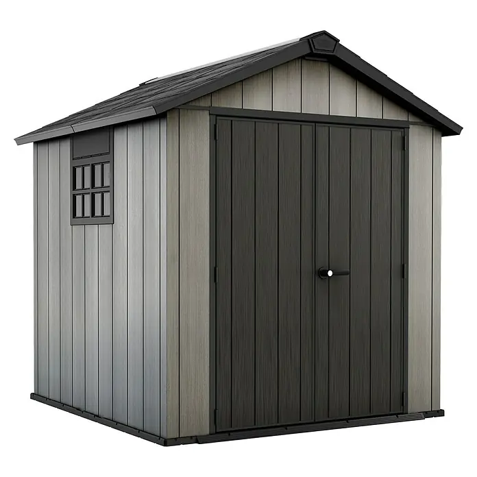 Keter Caseta para jardín Oakland 7,5 X 7 - Ancho exterior incluido el voladizo del techo: 229 cm, Profundidad exterior incluido el voladizo del techo: 223,5 cm, Plástico, Antracita/gris, Área: 4,5 m² - Vista angular