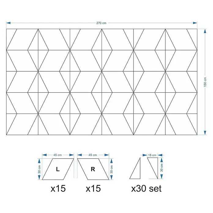 Fllow Deko-Wandpolster Set Velvet C3 - 270 x 150 cm, Anthrazit - Skizze