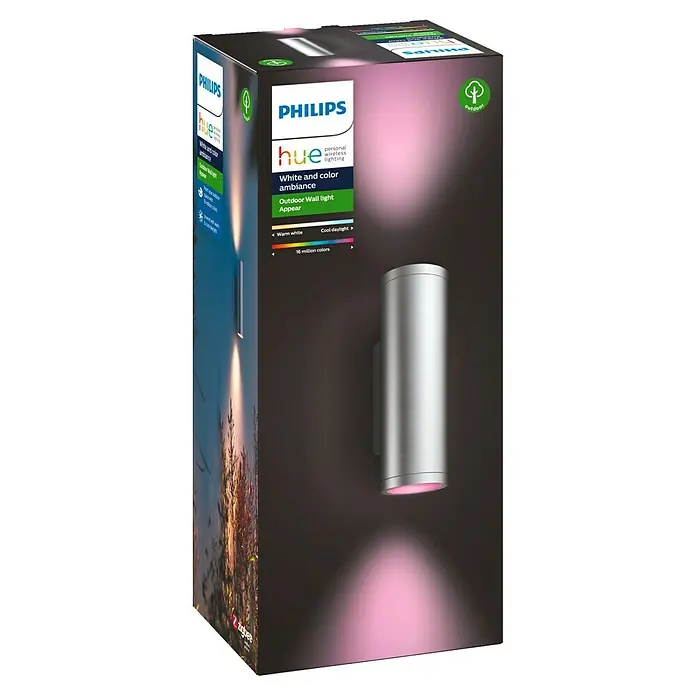 Philips Hue LED-Außenwandleuchte Appear - 11,7 x 8,4 x 24 cm, Edelstahl, IP44 - Diagonale Ansicht