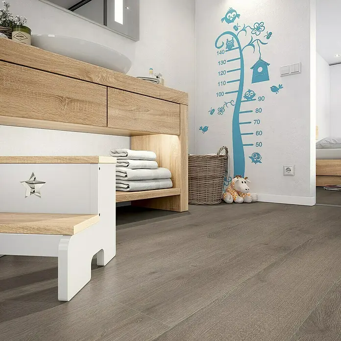 Egger Home Aqua+ Laminat Redmond Eiche dunkel - 1.292 x 193 x 8 mm, Landhausdiele - Stimmungsaufnahme