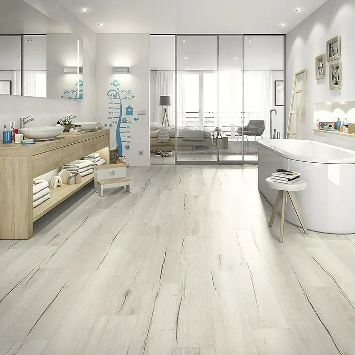 Egger Home Aqua+ Laminat Creston hrast bijeli - 1.292 x 193 x 8 mm, Rustikalni pod - Živopisni prikaz