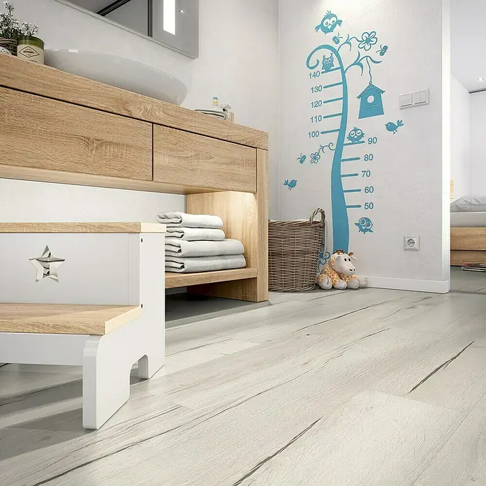 Egger Home Aqua+ Handmuster Creston Eiche weiß - 350 x 230 x 8 mm, Landhausdiele - Stimmungsaufnahme