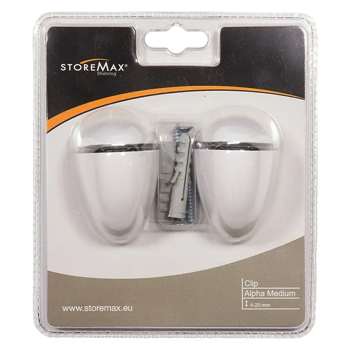 Storemax Bevestigingsclips Alpha Medium voor wandplanken - Wit, Wandmontage, Belastbaarheid: 15 kg - Vooraanzicht