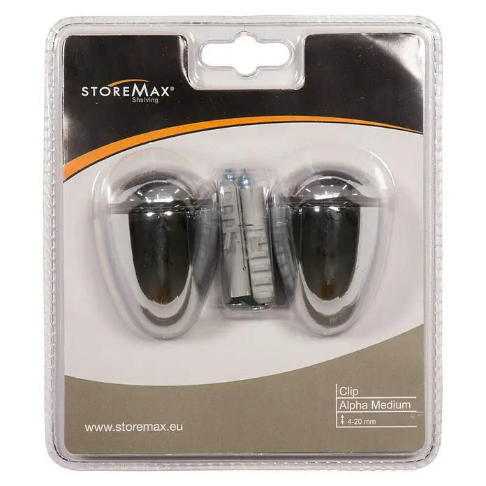 Storemax Bevestigingsclips Alpha Medium voor wandplanken - Chroom, Wandmontage, Belastbaarheid: 15 kg - Vooraanzicht