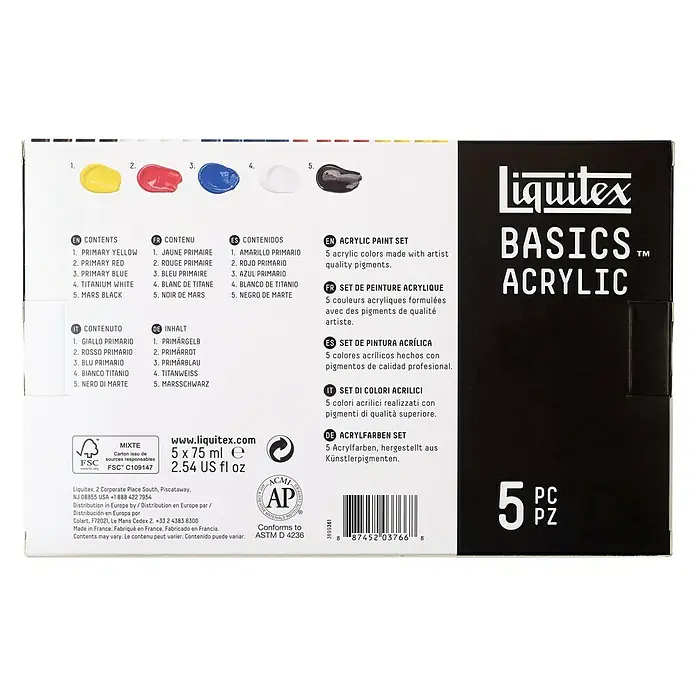 Liquitex Basics Set akrilnih boja - Razvrstano po boji, 5 Kom. x 75 ml, Tuba - Pogled straga