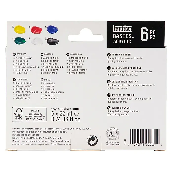 Liquitex Basics Set akrilnih boja - Razvrstano po boji, 6 Kom. x 22 ml, Tuba - Pogled straga