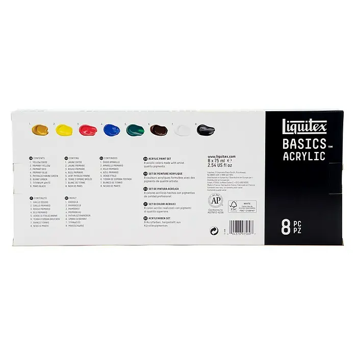Liquitex Basics Acrylfarben-Set - Farbig sortiert, 8 Stk. x 75 ml, Tube - Rückansicht