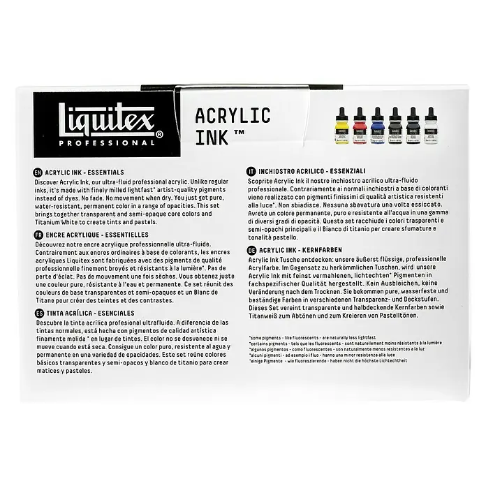 Liquitex Professional Zeichentinten-Set Essentials - Farbig sortiert, 6 Stk. x 30 ml, Flasche - Rückansicht