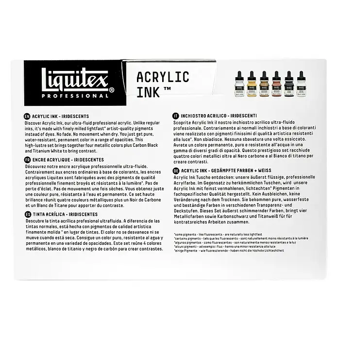 Liquitex Professional Zeichentinten-Set Metallic - Farbig sortiert, 6 Stk. x 30 ml, Flasche - Rückansicht